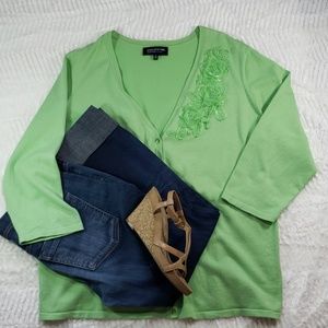 Jones NY Signature Green Cardigan Sweater, Size:2X